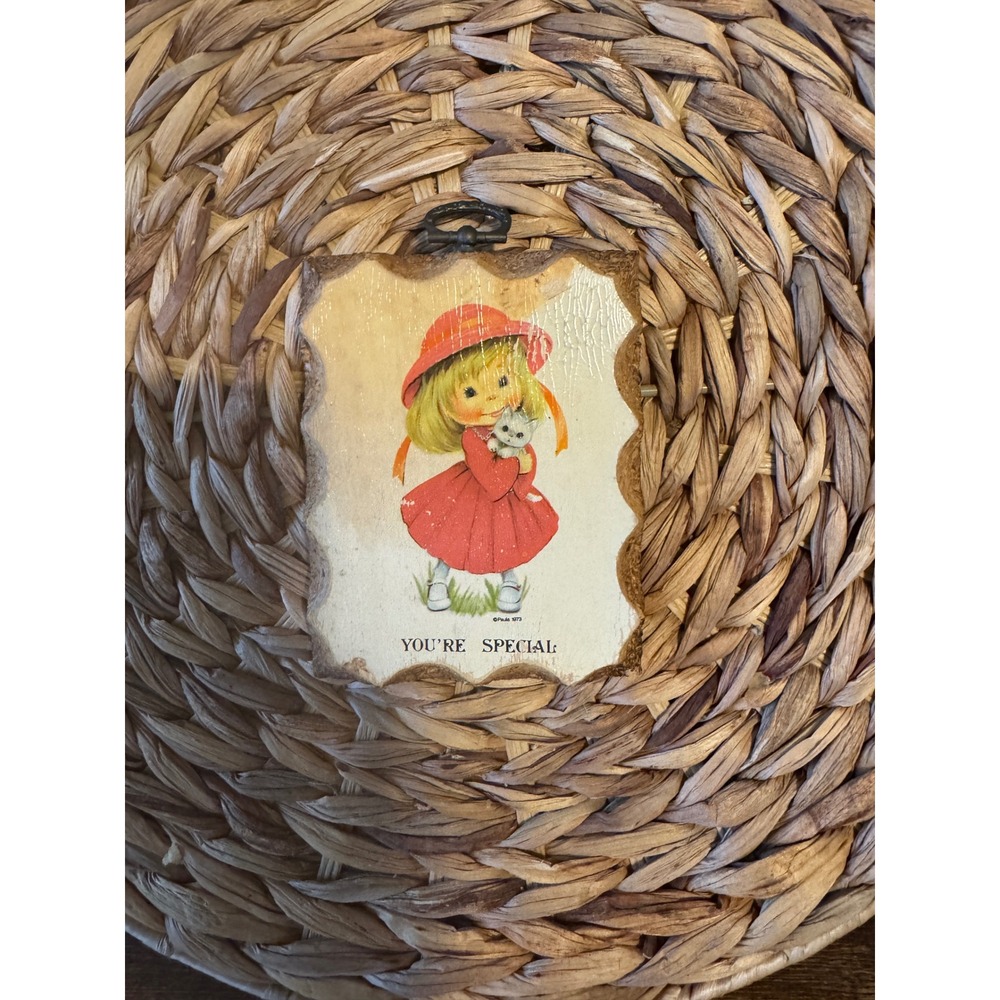 Vintage 1973 Paula-Cutes Youre Special Wood Plaque Girl‎ with Kitten 70s Decor